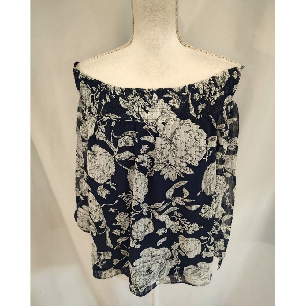 NWT Abbeline Top Dark Navy & White Floral Pleated Flowy Loose Boat Neck Sz L